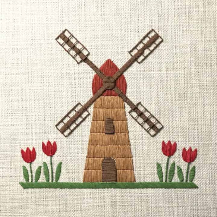 Windmill and tulips: preview of the stitched design