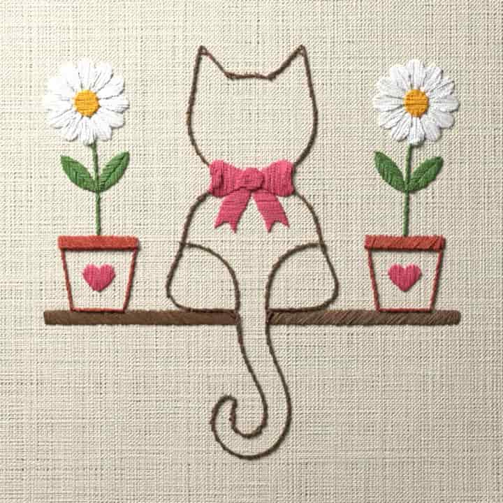 Cat on a windowsill with daisies: preview of the stitched design