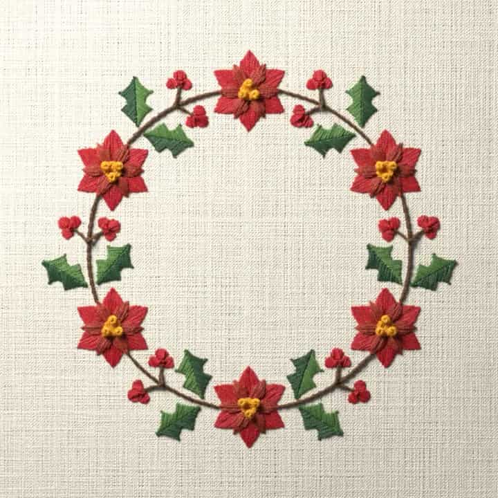 Winter wreath of poinsettias and holly: preview of the stitched design