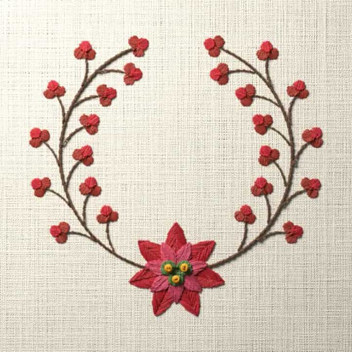 Winterberry wreath with poinsettia: preview of the stitched design