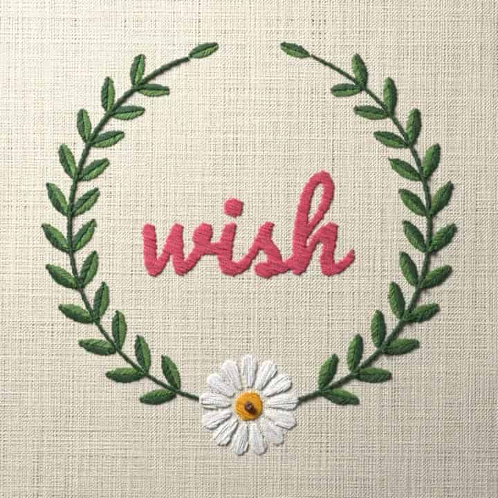 Wish in script: preview of the stitched design