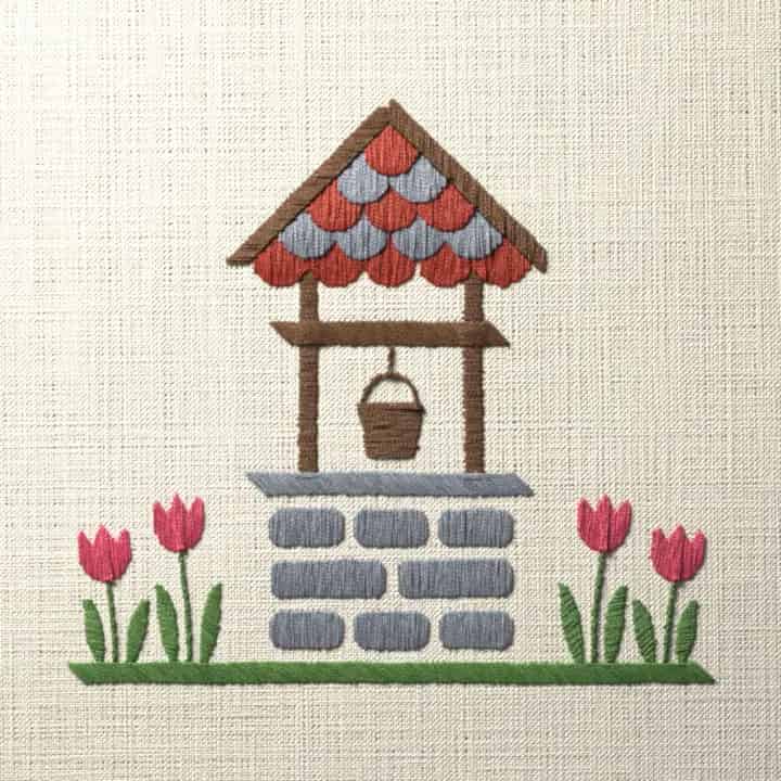 Wishing well with tulips: preview of the stitched design