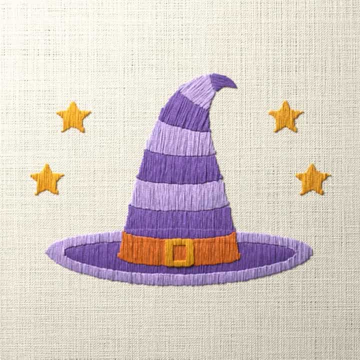 Witch hat among stars: preview of the stitched design