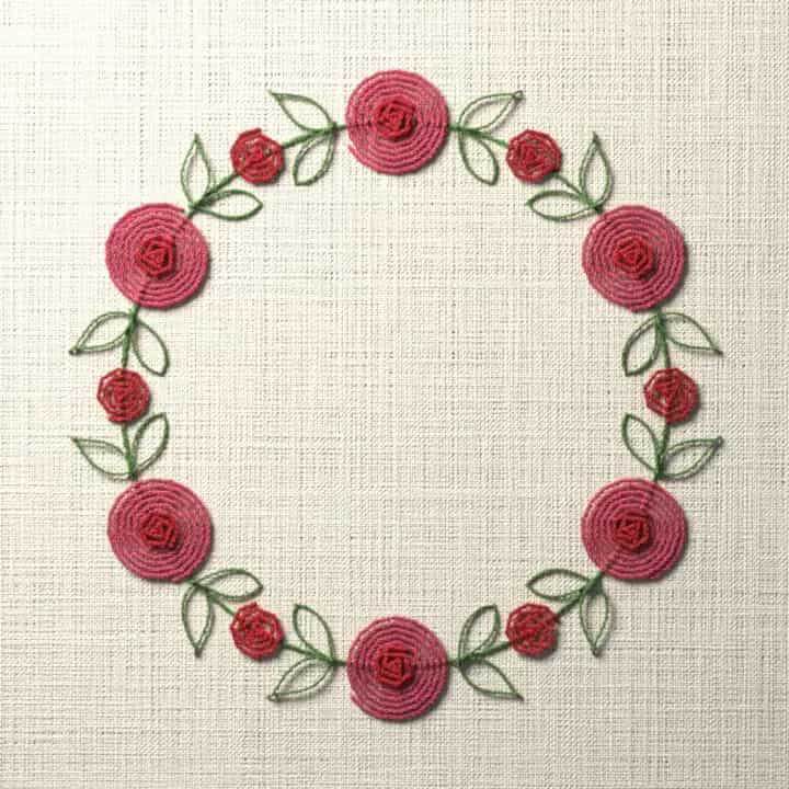 Woven wheel rose wreath: preview of the stitched design