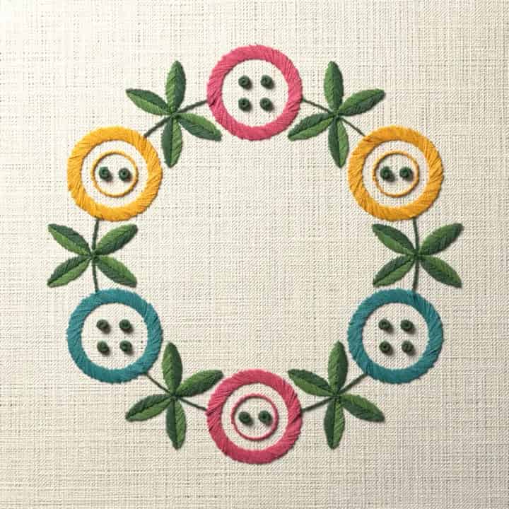 Wreath of buttons and leaves: preview of the stitched design