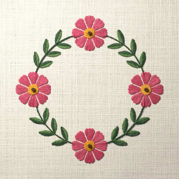 Cosmos ring wreath: preview of the stitched design