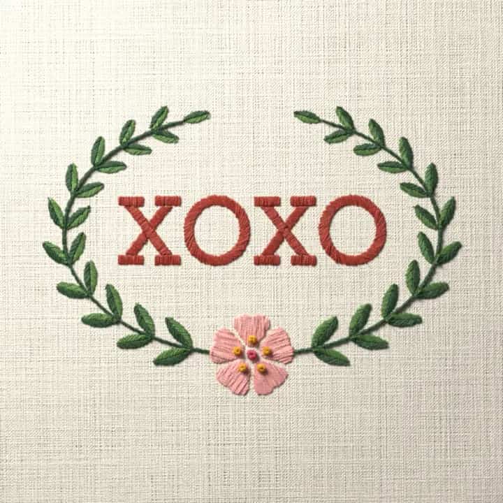 XOXO in laurel: preview of the stitched design