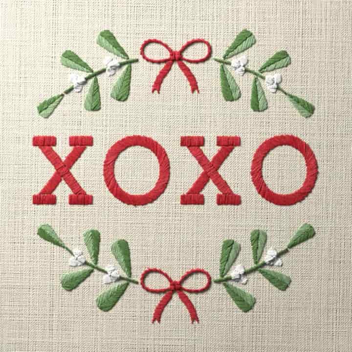 XOXO in mistletoe: preview of the stitched design