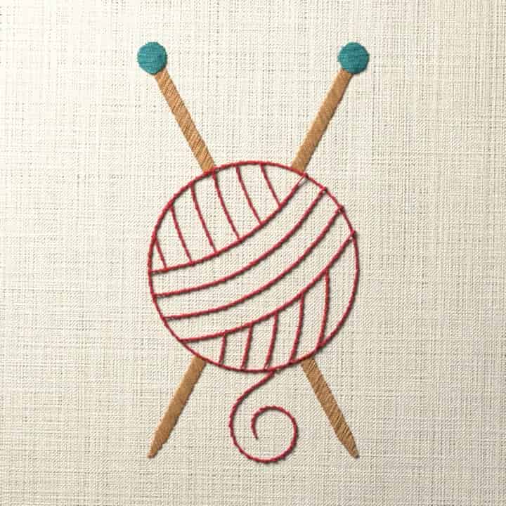 Yarn ball and knitting needles: preview of the stitched design