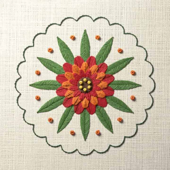Zinnia coaster: preview of the stitched design