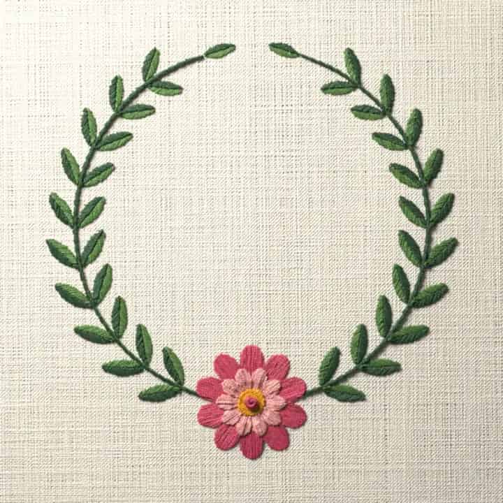 Zinnia laurel wreath: preview of the stitched design
